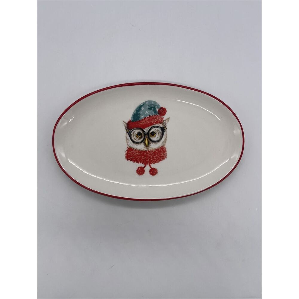 ANGELA STAEHLING Sketchbook Series By Magenta Ceramic Oval Holiday Plate OWL